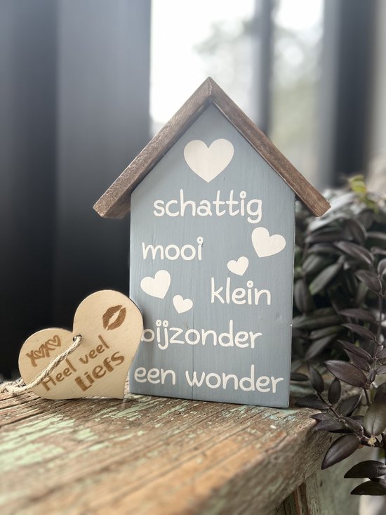 Creaties van Hier - Huisje met Dak - 22x16 cm - Schattig, mooi, klein, bijzonder een wonder met houten hartje - blauw - hout