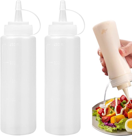 Crrynuo - 2 Stuks Knijpflessen - Sausfles - Plastic Flessen Met Dop - PE - Transparant - 250ml - Meetindicator - Herbruikbaar