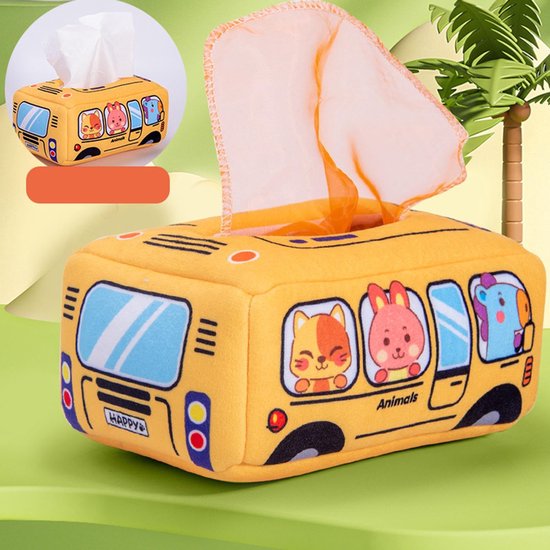 Crrynuo - Baby Tissuebox Speelgoed Set - 5 Sjaals + 3 Stofboeken - Bus Ontwerp - Kort Vilt - Geschikt voor 0-3 Jaar van Crrynuo