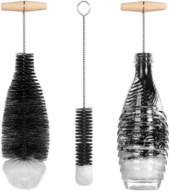 Crrynuo - Flessenborstel Set - 2 Stuks - Voor SodaStream Flessen, Babyflesjes en Meer - Natuurlijke Borstels - Houten Handvat van Merkloos