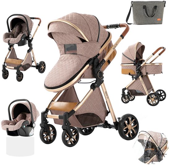 C&S Trade 3-in-1 Kinderwagen – Luxe Combi Set met Reiswieg, Buggy & Autostoel – Inclusief XXL Boodschappenmand – Khaki – Compact & Veilig van C&S Trade