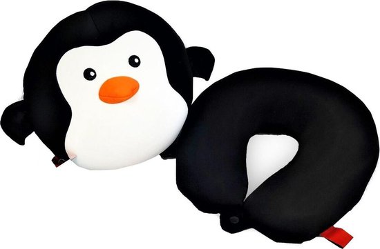 Cuddlebug - Knuffelkussen - Reiskussen - PINGUIN - 2in1 - 32 cm x 32 cm - Zwart - Wit - R pet van CuddleBug