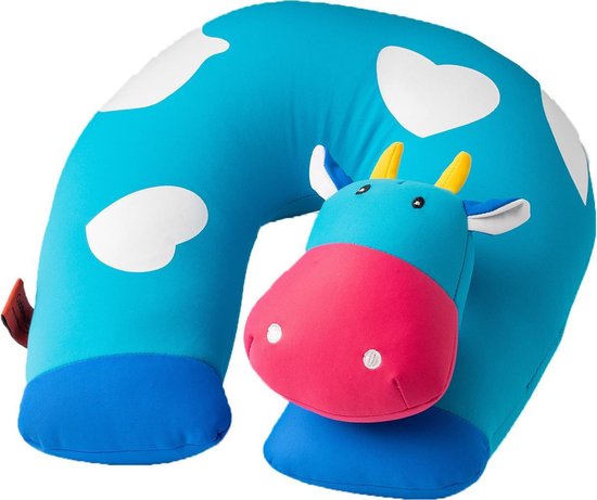 Cuddlebug - U-Cow - Knuffelkussen - Kampeerkussen - Nekkussen (reizen) - 32 cm x 32 cm - Wit - Blauw - R pet van CuddleBug
