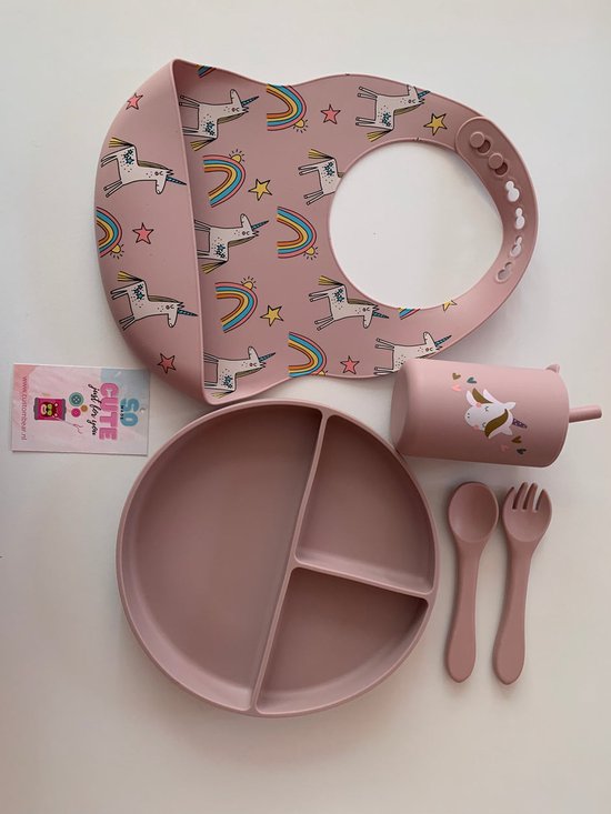 Custombear.nl- Unicorn kinder eetservies - 100% BPA vrij - 5 delig - siliconen servies - kraam kado - babyshower van Custombear.nl
