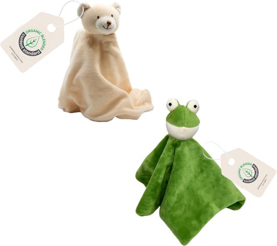 Cute since 1999 - Biologisch Knuffeldoekje - Beer & kikker - Doudou - 2 stuks - 35 x 35 cm van Merkloos