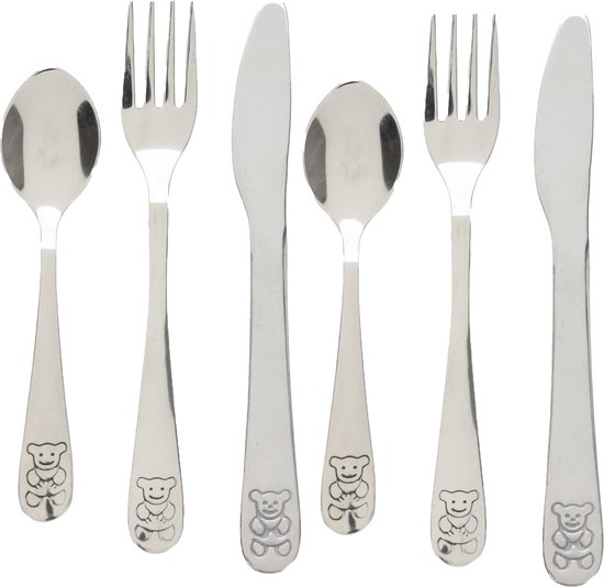 Cutlery for Kids bestekset met beer - 6-delig - zilver - RVS - voor kinderen van Prénatal