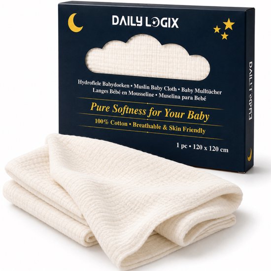 Daily Logix Hydrofiele Doek 120x120 cm – Voedingsdoek Baby – Spuugdoek – Kraamcadeau – 4-Laags Katoen – Extra Zacht – Off White