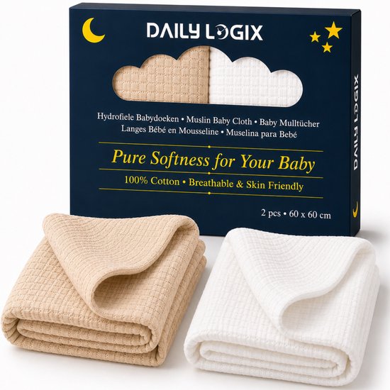 Daily Logix Hydrofiele Doeken 60x60 cm Set van 2 – Voedingsdoek Baby - Spuugdoek – Kraamcadeau – 4-Laags Katoen – Extra Zacht – Beige & Off White