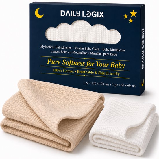 Daily Logix Hydrofiele Doeken Set 120x120 cm & 60x60 cm – Voedingsdoek – Spuugdoek Baby – Kraamcadeau – 4-Laags Katoen – Extra Zacht – Beige & Off White