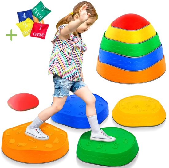 Daily Logix Stapstenen + Zandzakjes - Kleuren Stapelstenen - Stepping Stones - Balance Board - 5 Stuks - Educatief/Montessori Speelgoed - Rivierstenen Kinderen - Buitenspeelgoed van Merkloos