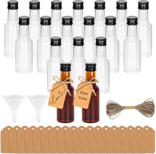 Dailygoods - 18 stuks mini-flesjes kunststof likeurflessen, 50 ml kleine flessen om te vullen met 2 mini-trechters, 18 etiketten van kraftpapier en 5 m henneptouw, kleine borrelflessen voor bruiloften, feesten