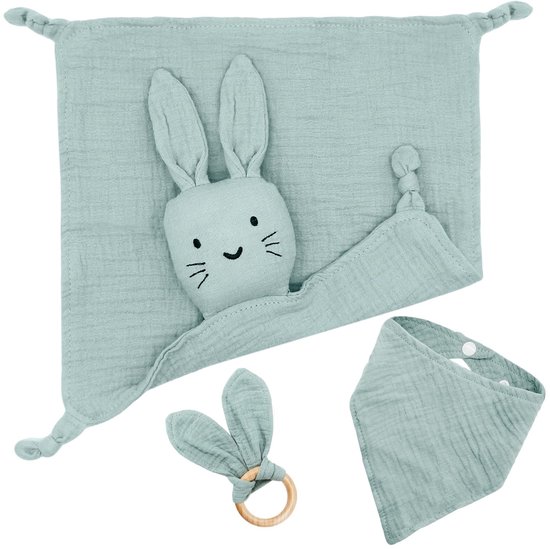 Dailygoods - 3-delige Kraamcadeauset met Knuffeldoekje, Houten Bijtring en Slabbetje - Babycadeau Groen