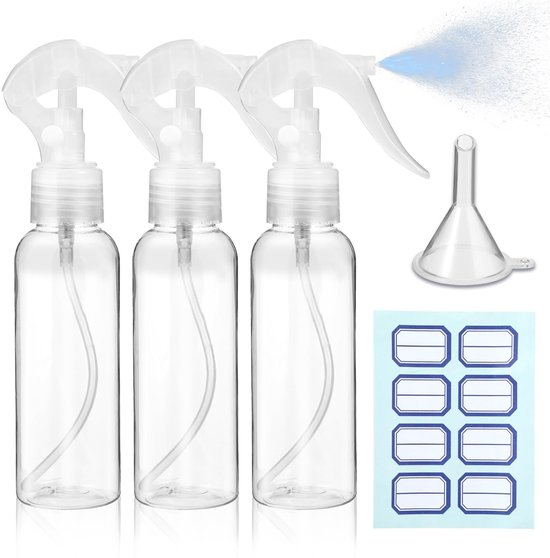 Dailygoods - 3 stuks spuitfles, 100 ml Kleine spuitflessen om te vullen Transparante lege fijne mist spuitfles met etiketten en trechters Reisverstuiver voor vloeistof, cosmetica, reiniging, lichaamsverzorging