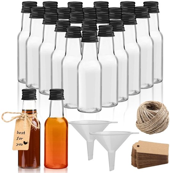 Dailygoods - 30 stuks plastic flessen om te vullen, 50 ml likeurflessen, kleine flessen met trechter met 20 m lang touw en taghanger voor sap, smoothie, water, gember, shot