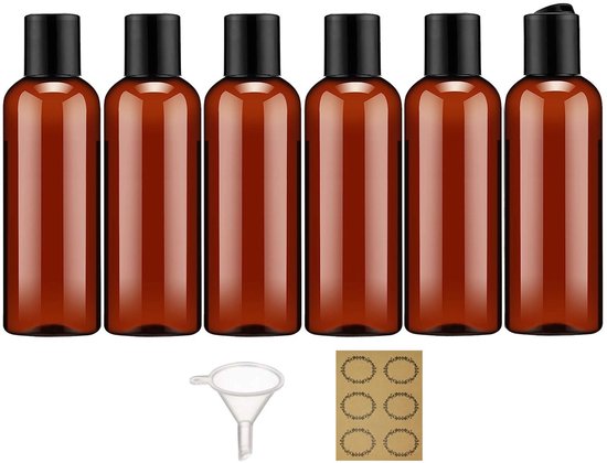 Dailygoods - 6 stuks 100 ml plastic flessen met schijfdop met flipdop lege knijpfles, navulbare reiscontainerdispenser met trechterlabel TSA goedgekeurd voor vloeibare lotion, toiletartikelen, cosmetica