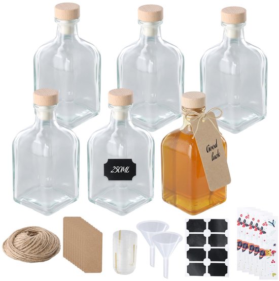 Dailygoods - 6 stuks glazen flessen van 250 ml met kurksluiting, etiketten, trechter, koord en etiketten, lege herbruikbare flessen voor olie, likeur, jenever, zelfgemaakte dranken, keuken