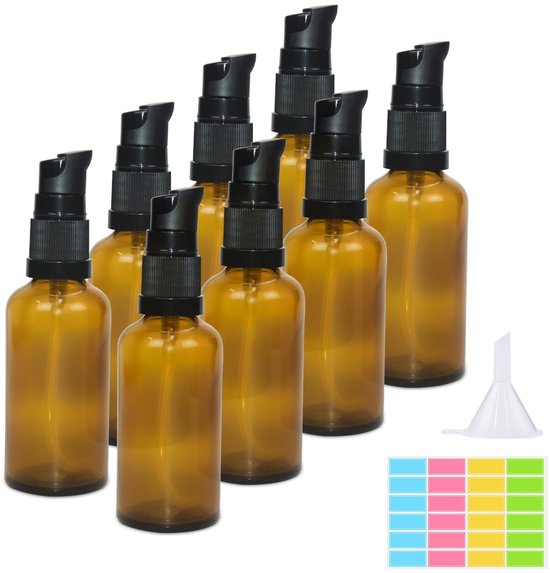 Dailygoods - 8 x 50 ml Lege Glazen Flessen - Bruine Lotiondispenser met Pomp en Trechter