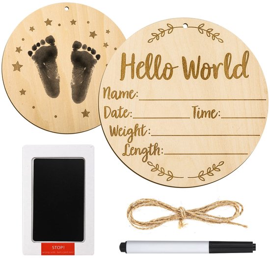 Dailygoods- Aankondiging Teken 15cm Rond - Babykamer Naam Bord - Houten Hello World - Hand/Voetafdrukken - Inclusief Stempelkussen - Premium Hout - Babynaambord