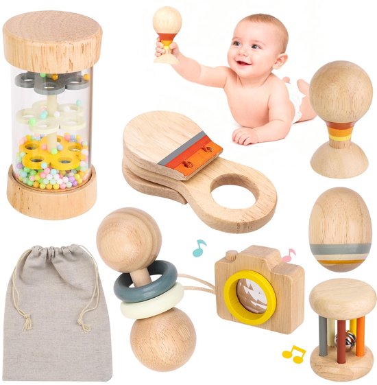 Dailygoods- Baby Rammelaar Set 7 Stuks - Montessori Speelgoed - Houten Rammelaars - Sensorisch Speelgoed - Veilig Speelervaring - Ontdekken en Spelen van Dailygoods