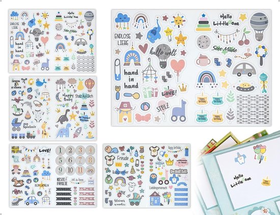 Dailygoods- Babyalbumstickers 212 Stuks - Scrapbook Stickers - Decoratie - Babyshower - Kinderfotoalbums - Blauw Ontwerp - Duurzaam PP-Materiaal - Scrapbookstickers