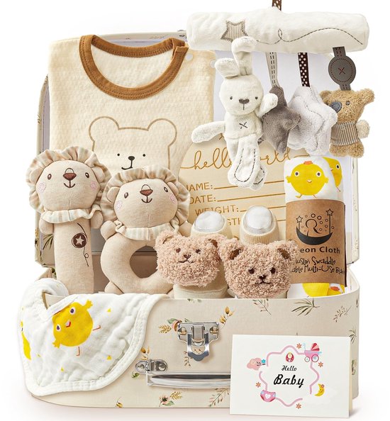 Dailygoods- Babycadeau Luxe Set - Babykleding met Berenprint - Rammler - Slabbetje - Houten Mijlpaalkaart - Wenskaart - Luxe Babybox - Babykado
