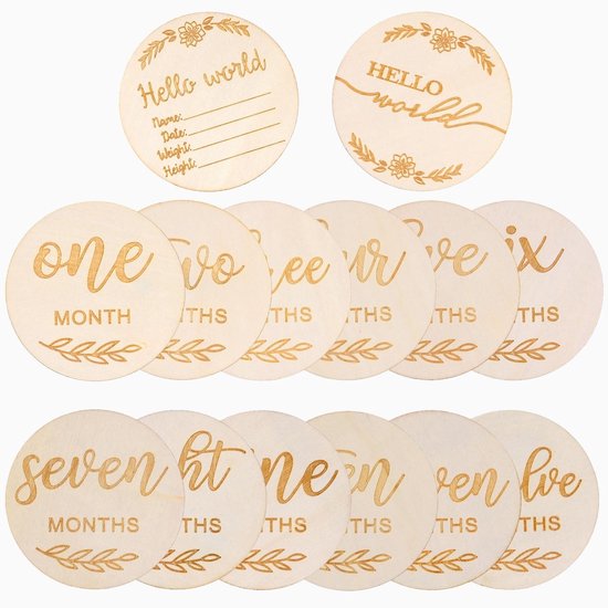 Dailygoods- Babykaarten 14 Stuks - Houten Maandelijkse Kaarten - 1-12 Maanden - Fotografie Rekwisieten - Babyshower Cadeau - 10 cm Diameter - Groei Kaarten