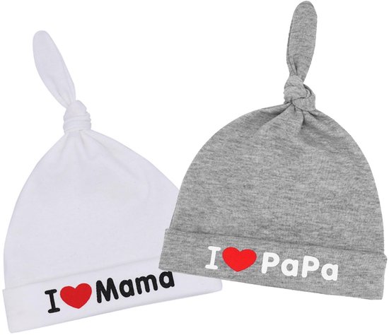 Dailygoods- Babymuts - Premium pasgeboren hoed 0-3 maanden - Katoenen mutsen - Verstelbare knoop - Unisex - I love mama/papa prints - Babyhoed