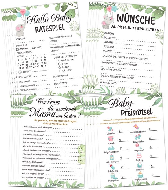 Dailygoods- Babyparty Spelset 20 Stuks - Babyshower Spelletjes - Genderreveal Activiteit - Botanisch Design - Unisex Decor - Papier Materiaal - Babyshower Spellen