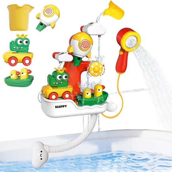 Dailygoods- Badspeelgoed Interactief - 4-in-1 Set - Douchekop - Eendenboot/Krokodilauto - Zuignappen - Waterdicht Batterijvak - Water Speelgoed