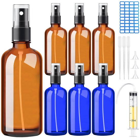 Dailygoods - DONQL Amberkleurige Glazen Spuitflessen, 6 stuks, 100 ml met 10ml spuit, 3 trechters, etiketsticker, Bruin Verstuiver Glazen Fles voor reiniging, parfum