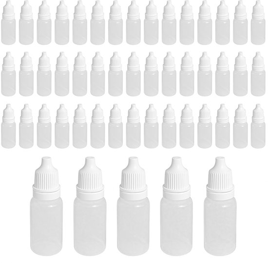 Dailygoods- Druppelfles 10 ml - Druppelflesje met pipet - Plastic - 50 stuks - Steriliseerbaar - Voor vloeistoffen zoals oliën en verf - Druppelflesjes