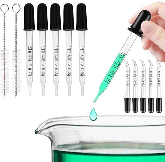 Dailygoods- Druppelpipet 1ml - Glazen Pipet - Vloeistof Pipet - 10 Stuks - Reinigingsborstels - Duidelijke Markeringen