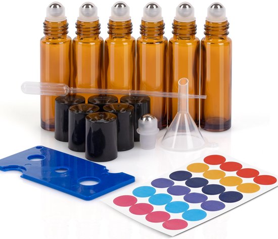 Dailygoods- Etherische Olie Roller Set van 6 - Glazen Flessen 10ml - Roestvrij Stalen Roller - Trechter en Pipetten - UV-Bescherming - BPA-vrij Glas - Roll-on Flesjes