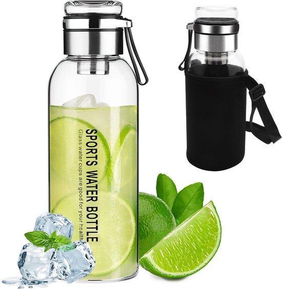 Dailygoods- Glazen Fles 1 Liter - Waterfles van Glas - Theefles met Zeef - Drinkfles met Roestvrijstalen Filter - Duurzaam Borosilicaatglas - Veilig en Schokbestendig