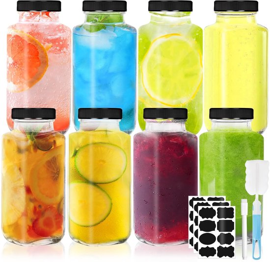 Dailygoods- Glazen Flessen 250 ml - 8 Stuks - Herbruikbaar - Sapflessen - Shotflessen - Met PP-deksel - Inclusief Borstel/Etiketten - Flesjes