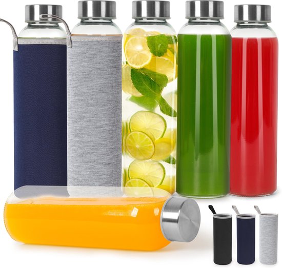 Dailygoods- Glazen Flessen 500 ml - Set van 6 - Roestvrij Stalen Deksel - Lekvrije Smoothieflessen - Glazen Flessenset voor Sap - Transparant - Drinkflessen van Dailygoods