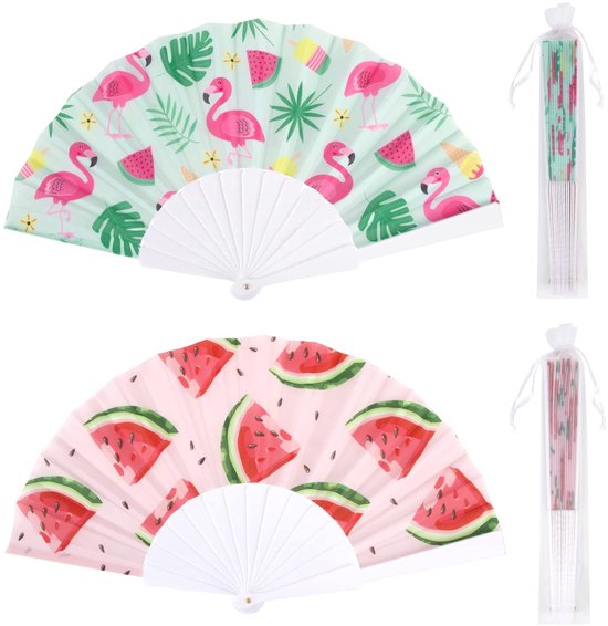 Dailygoods- Handwaaier 2 stuks - Opvouwbaar - Organza Hoes - Zomerwaaiers - Flamingo/Watermeloen - 23 cm lang, 42 cm diameter