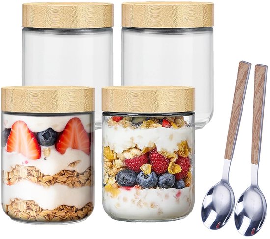 Dailygoods- Havermoutpotjes 500 ml - Glazen met Bamboedeksel - 4 Stuks - Inclusief 2 Roestvrijstalen Lepels - Stapelbaar - Grote Opening - Voorrraadpot