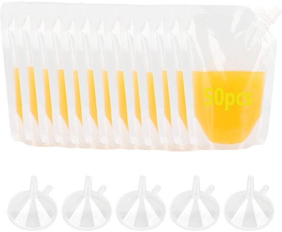 Dailygoods- Herbruikbare Zakjes 50 Stuks - 350 ml - Schenktuit/Trechter - Morsvrij - Opvouwbaar - Voor Dranken - Drankzakjes