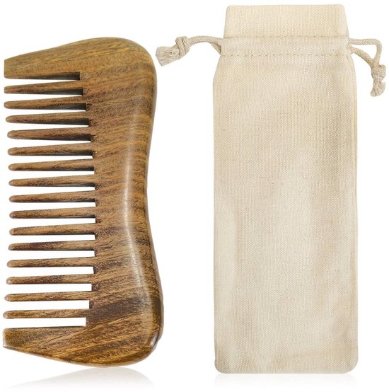 Dailygoods- Houten Kam 12 cm - Massagekam van Natuurlijk Sandelhout - Kam met Brede Tanden - Opbergtas - Antistatisch - Geschikt voor Alle Haartypes - Haarborstel