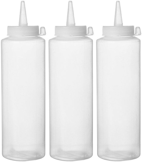 Dailygoods- Knijpfles set 3 stuks 350ml - Lekvrij - Herbruikbaar - Saus dispenser - Polyethyleen - Ø55x(H)205mm - Sauzenfles