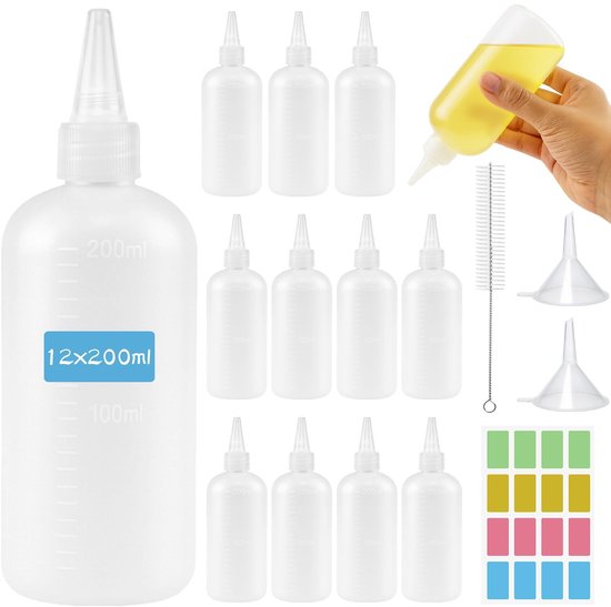 Dailygoods- Knijpflessen 12 Stuks - Herbruikbare Doseerflessen 200 ml - Sausflessen - Spuitflessen voor Keuken - Multifunctionele Opslag - Inclusief Reinigingsborstels en Stickers