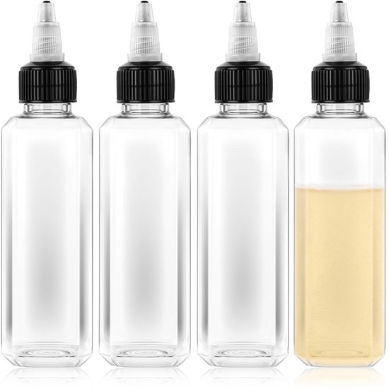 Dailygoods- Knijpflessen 4 stuks - Kleine Dispenserflessen - Lekvrije Flessen - Voor Vloeibare Specerijen - Kunststof - 100 ml - 14x3,5x3,5 cm - Dispenserfles