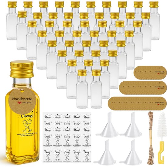 Dailygoods- Likeurflessen 54 Stuks 25 Ml - Herbruikbare Mini-Flessen - Kunststof met Aluminium Deksel - Kleine Borrelflessen - Etiketten voor Bruiloften - Duurzaam en Praktisch