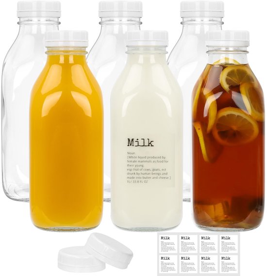 Dailygoods- Melkfles 1 Liter - Glazen Fles met Deksel - Herbruikbaar - Airtight - Milieu-vriendelijk - 6 Stuks met Veiligheidsring