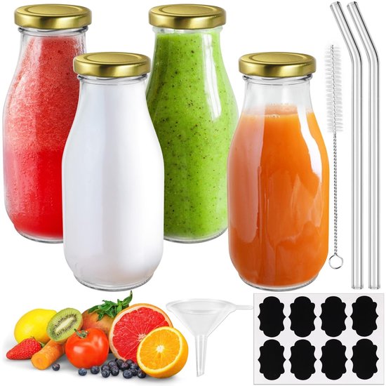 Dailygoods- Melkflessen 330ml - Glazen Sapflessen - Herbruikbare Flessen - Luchtdichte Doppen - Inclusief Rietjes - Hoogwaardig Glas