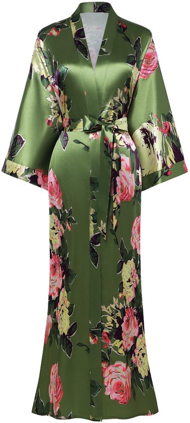 Dailygoods - Ochtendjas - Maxi lange kimono - Bloemenpatroon - Groen - Badjas dames - Perfect voor pyjama party - One size