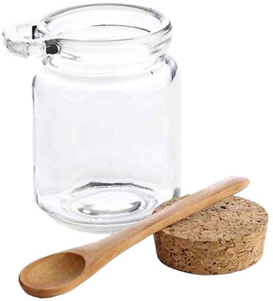 Dailygoods- Opslagpot Herbruikbaar 250ML - Glazen Pot - Kurk Stopper - Houten Lepel - Voor Voedsel - Droog en Vers - Opslagcontainer