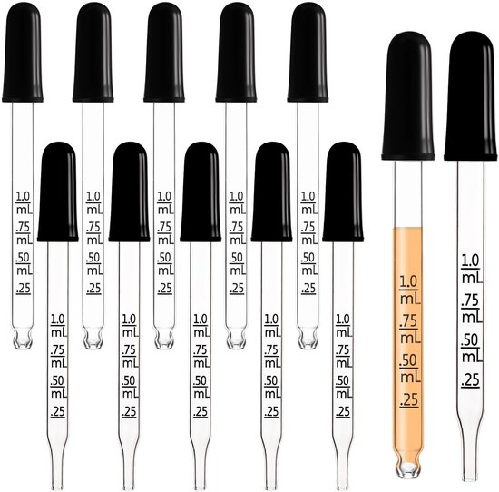 Dailygoods- Pipet 10 cm - Glazen Druppelaar 1 ml - Gegradueerde Transferpipet - Rubberen Kop - Voedselveilig - Chemisch Bestendig