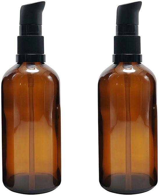Dailygoods- Pompflessen 2 stuks 100ml - Lege Flessen - Amber Glas - Cosmetische Dispenser - Reizen - Stevig en Herbruikbaar - Fles